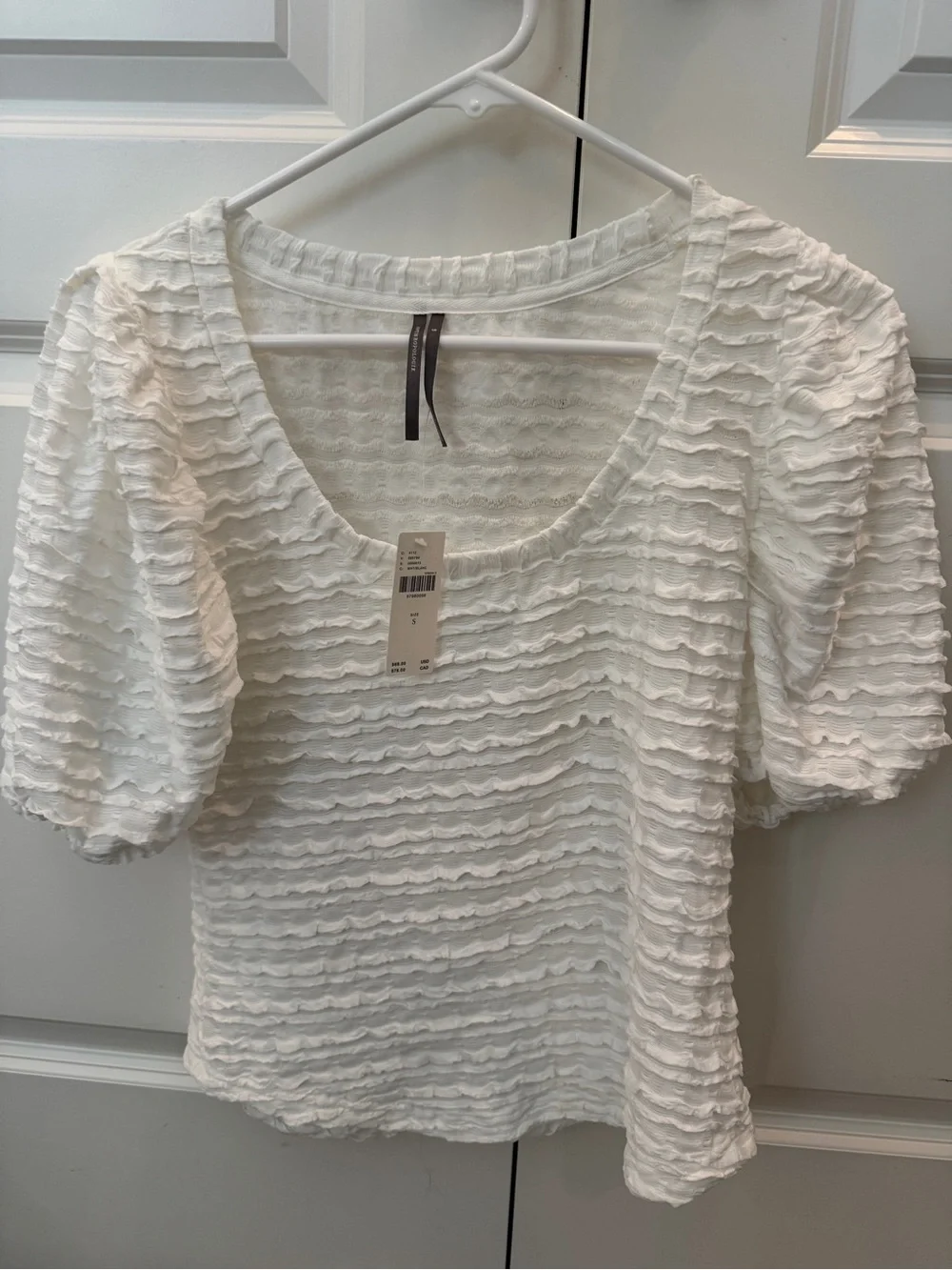 Anthropologie White Textured Puff-Sleeve Scoop Neck Top